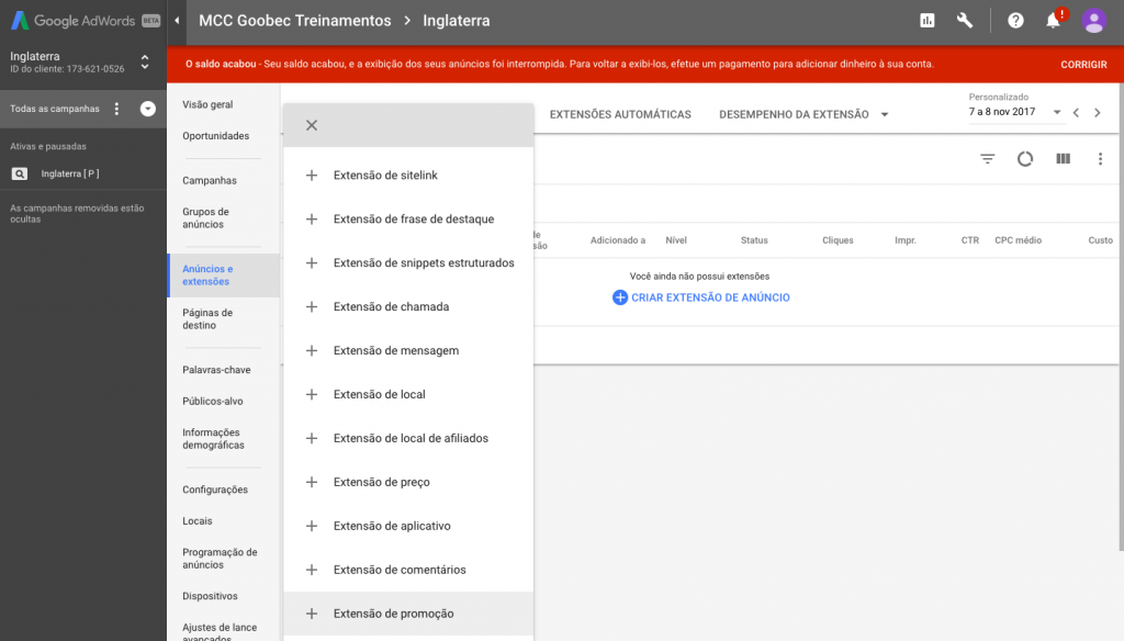  Tela do Google Ads para quem quer usar a extensão Promoção para anúncios no Google