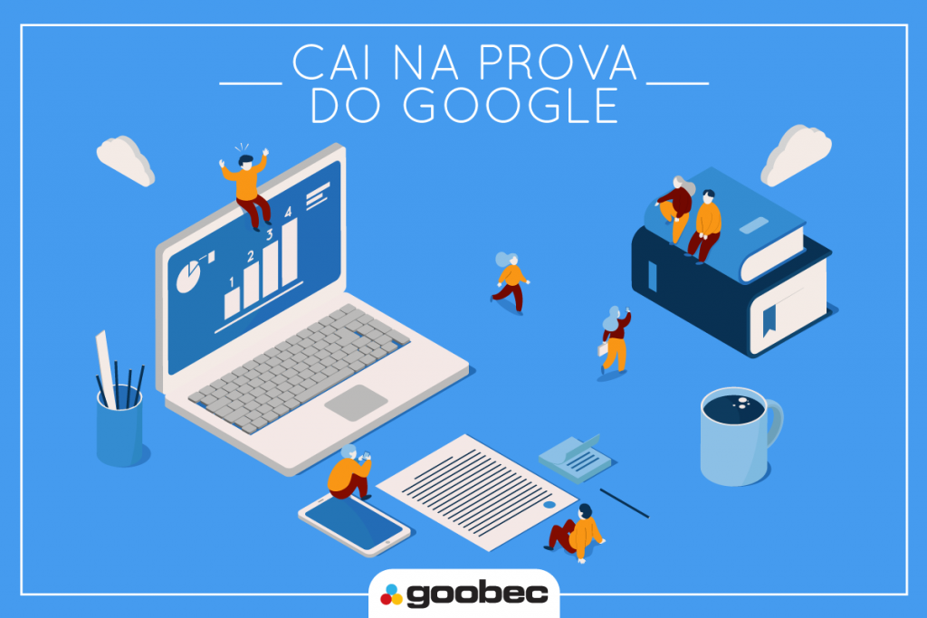  Banner nas cores azul e branco, com um desenho de um notebook e de livros. Ele ilustra o post Dica para fazer a prova do Google