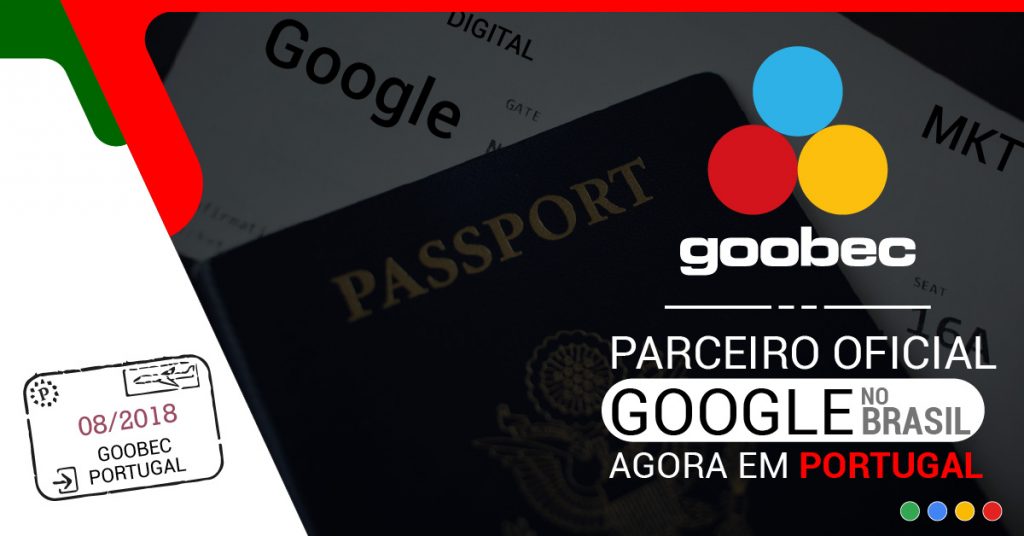 banner de lançamento da Goobec Portugal. Ele tem ao fundo a imagem de um passaporte. Texto: Goobec, parceira oficial Google no Brasil, agora em Portugal