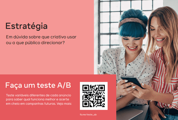 banner do planner do Facebook sobre estratégia. Nele, há duas meninas. Elas seguram um celular. Indicando teste A/B